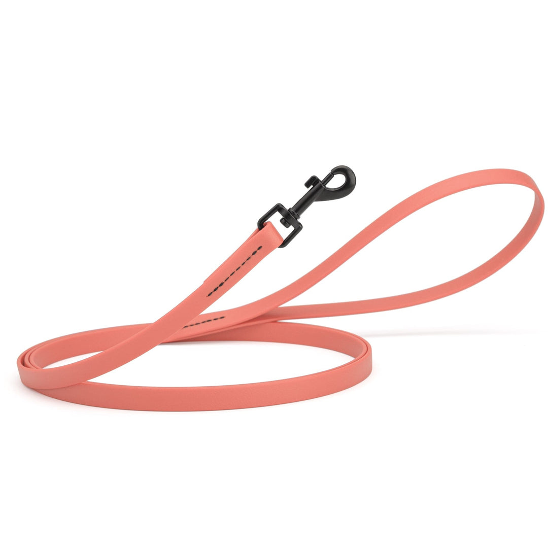Coral dog leash with a black clip on a white background