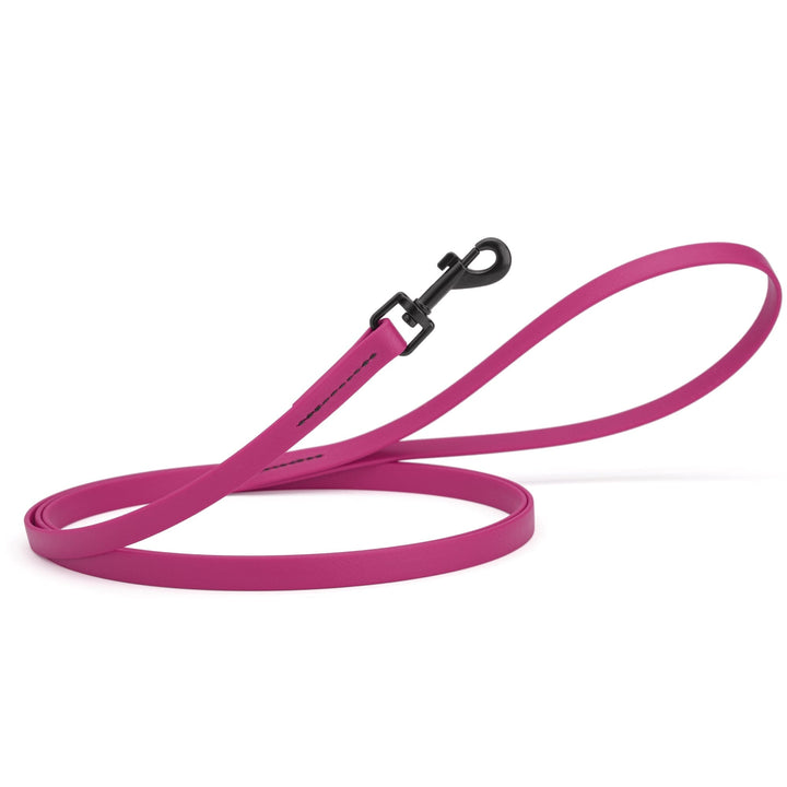 Pink dog leash with a black clip on a white background