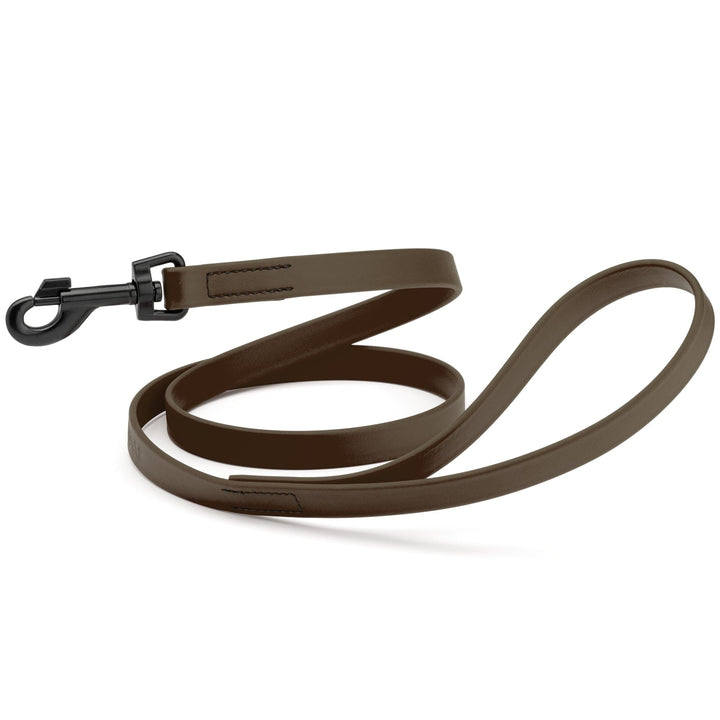 Brown dog leash with a black clip on a white background