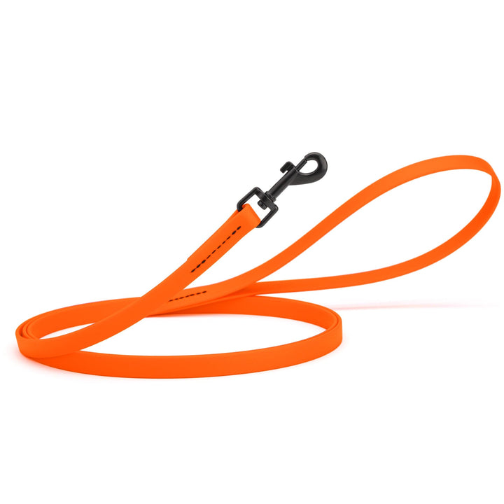 Orange dog leash with a black clip on a white background