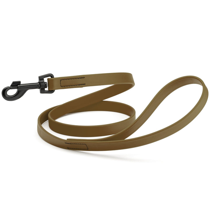Brown dog leash with black clip on a white background