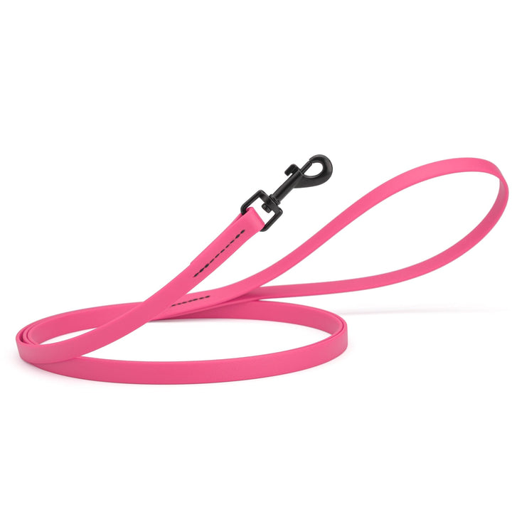 Hot pink dog leash with a black clip on a white background
