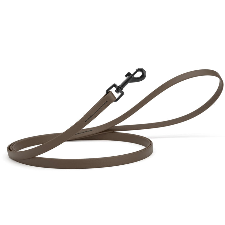Brown dog leash with a clip on a white background