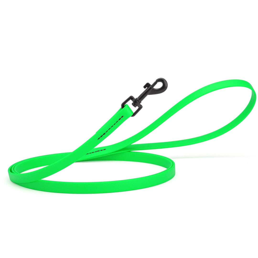 Neon green dog leash with black clip on a white background
