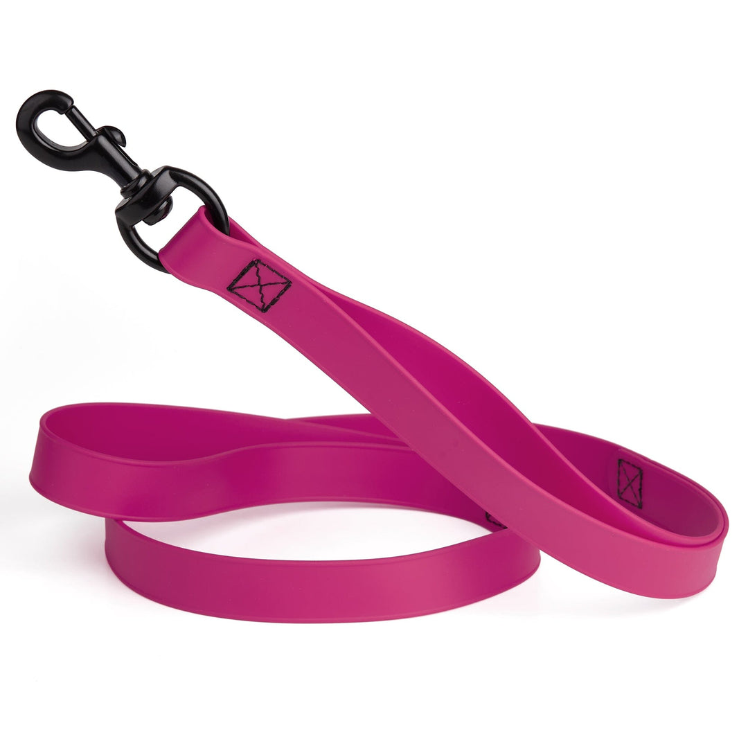 Pink dog leash with black clip on a white background