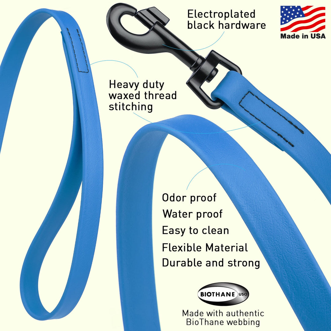 Blue dog leash with black hardware on a beige background, featuring text about product features.
