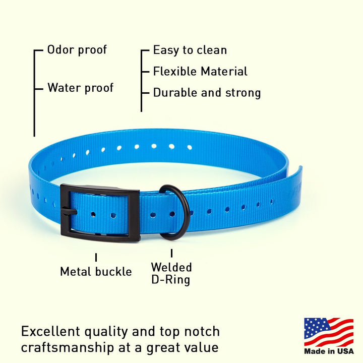 Blue dog collar with features listed on a white background