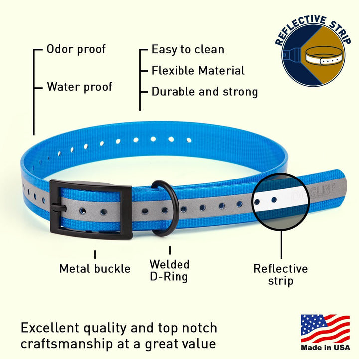 Blue dog collar with reflective strip and various features highlighted on a white background