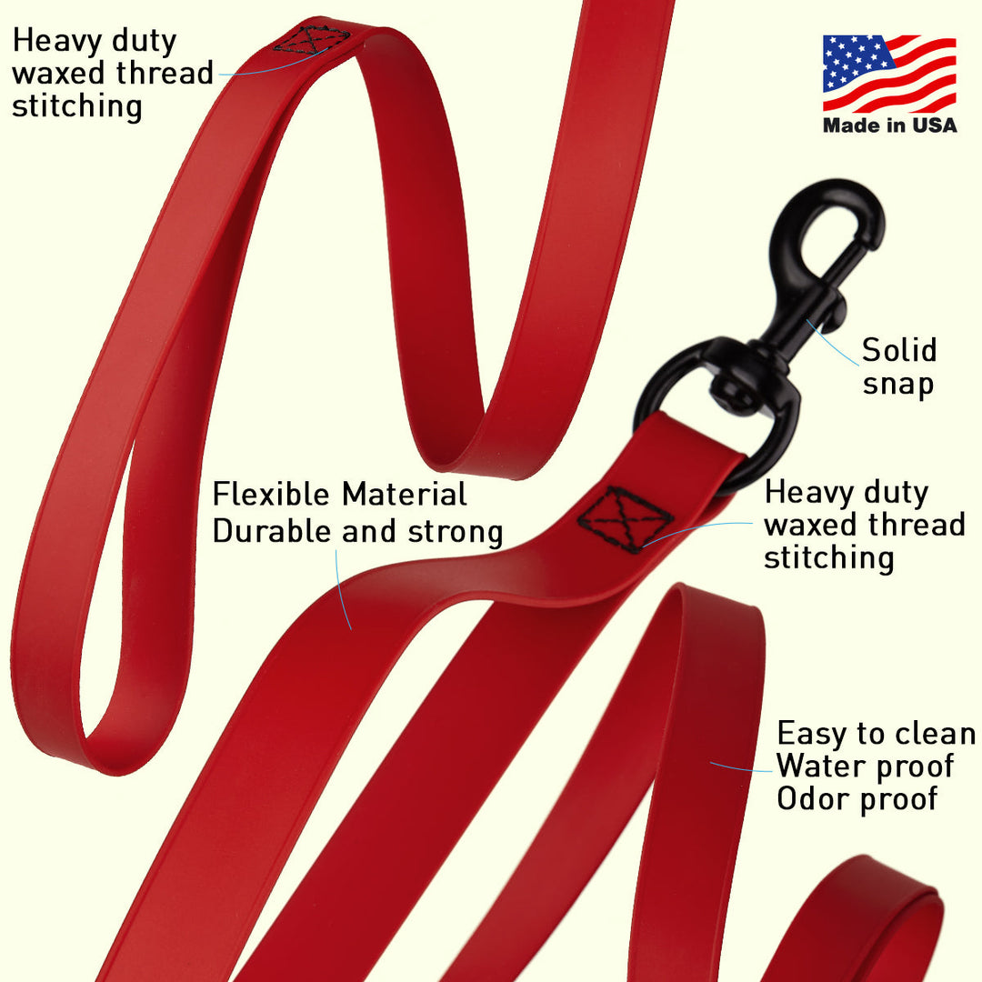 Red dog leash with features highlighted on a white background