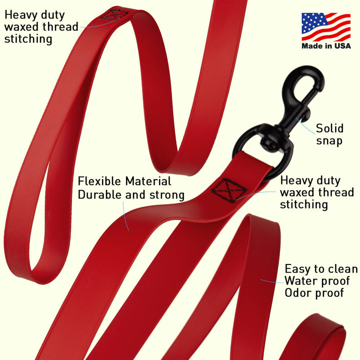 Red dog leash with features highlighted on a white background