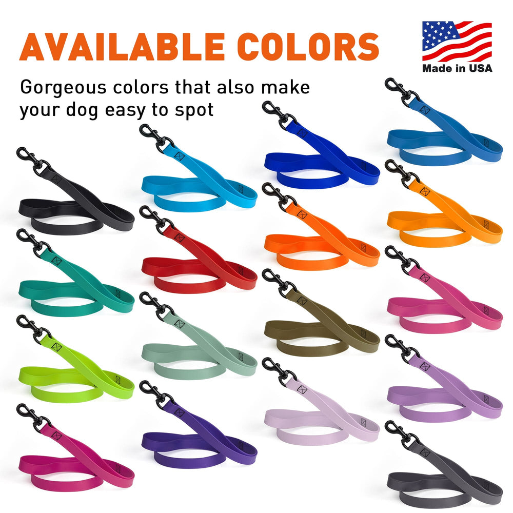 Dog leashes in various colors with 'Made in USA' label