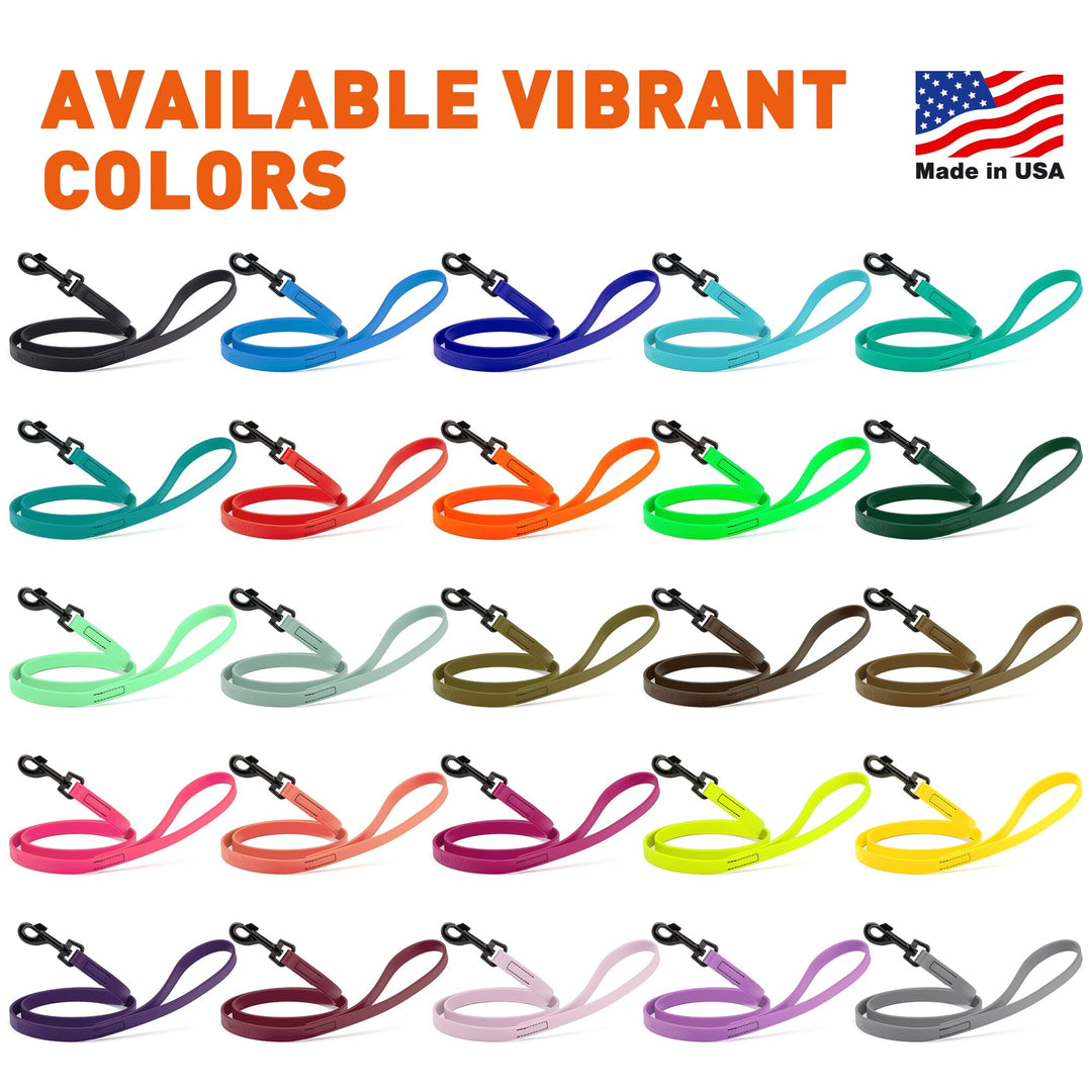 Collection of colorful dog leashes with 'Available Vibrant Colors' text and an American flag indicating 'Made in USA'.