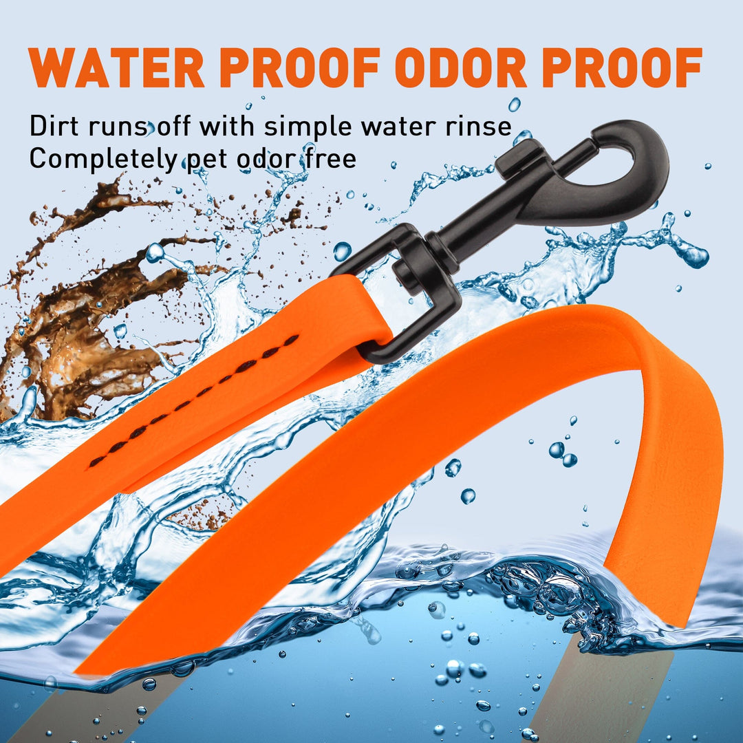 Orange dog leash with black clip on a water background, emphasizing waterproof and odor-proof features.