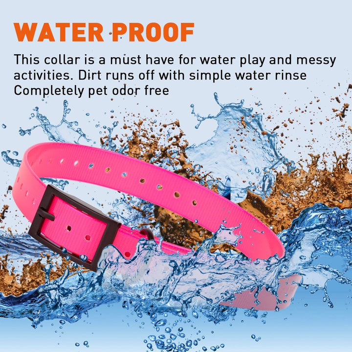 Pink dog collar with water splashes and text highlighting its waterproof feature.