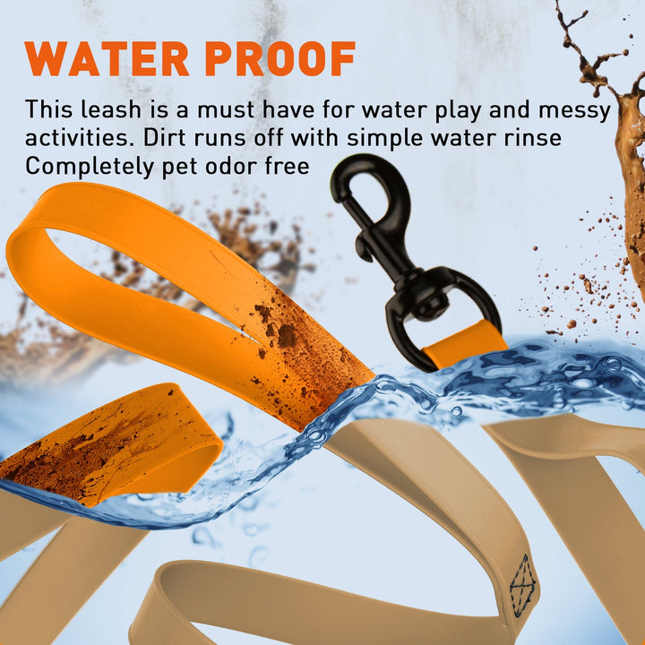 Orange leash with dirt being rinsed off by water, with text highlighting its waterproof and odor-free properties.