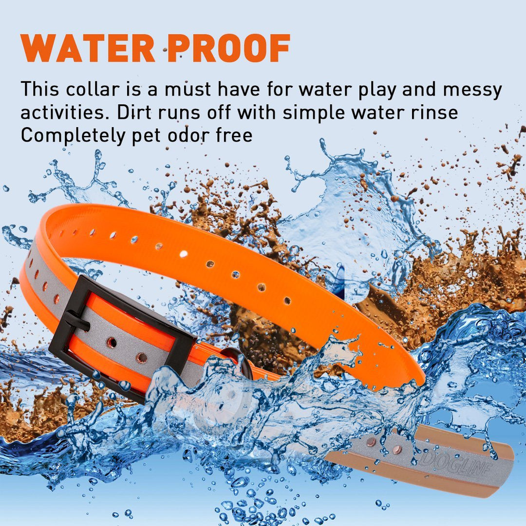 Orange dog collar with water splashes and text highlighting its waterproof feature.