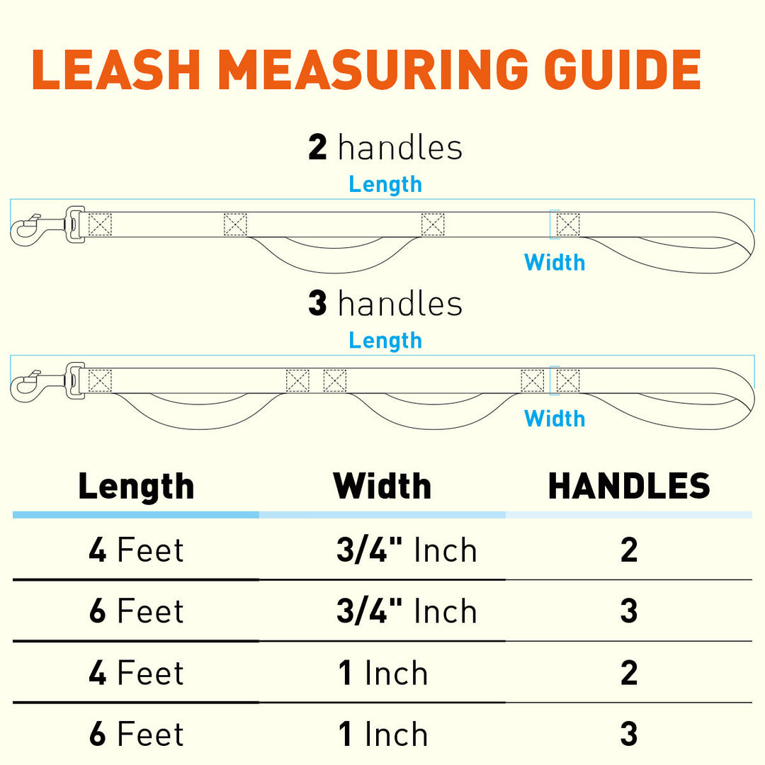 Leash measuring guide with dimensions and handle counts for different lengths and widths.