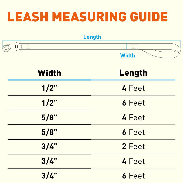 Leash measuring guide with dimensions for width and length on a white background
