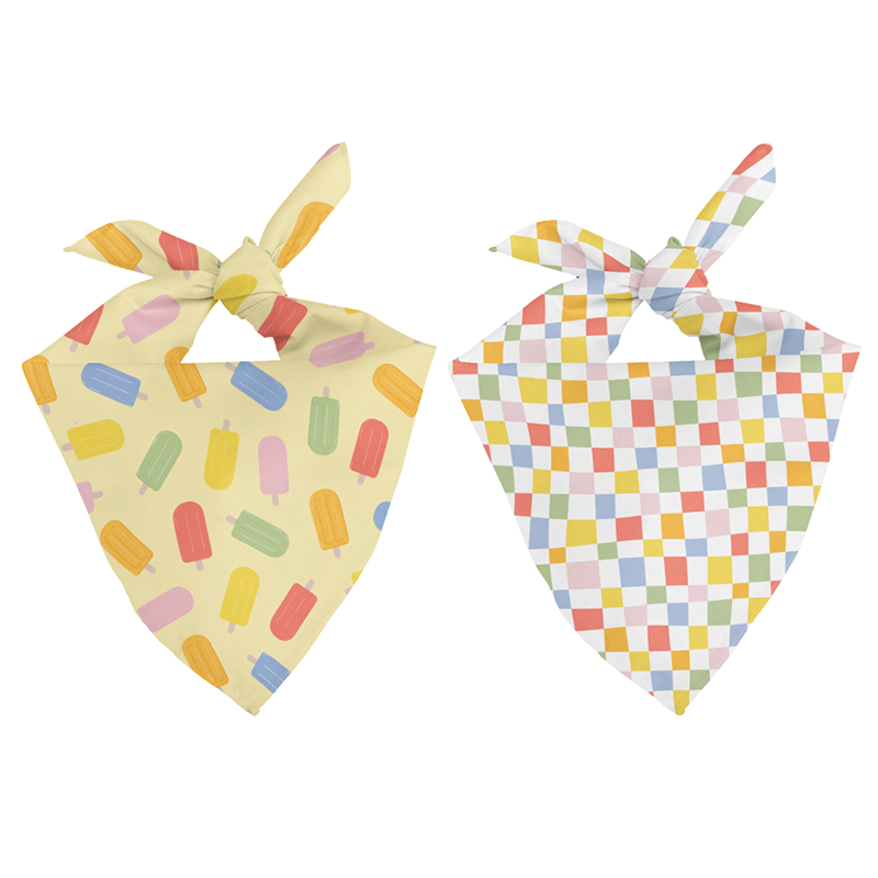 Two colorful bandanas with different patterns on a white background