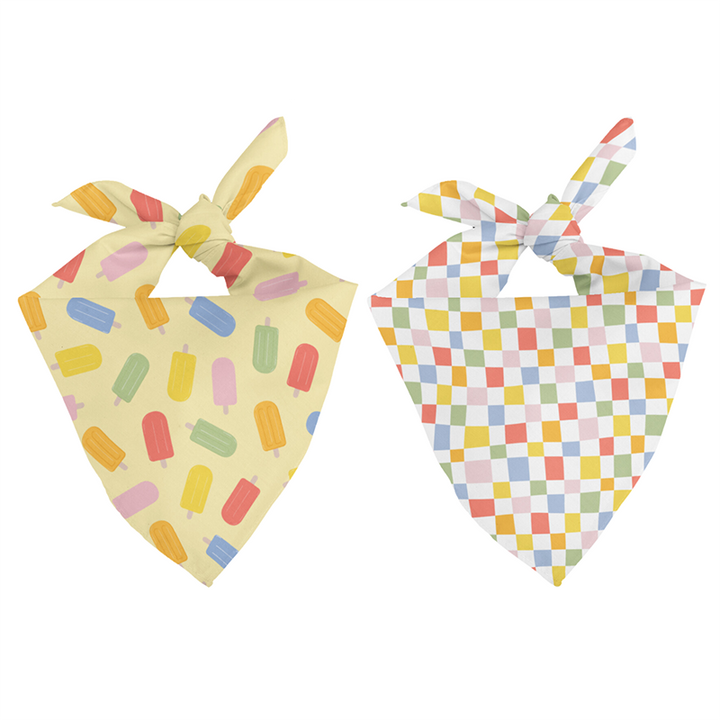 Two colorful bandanas with different patterns on a white background