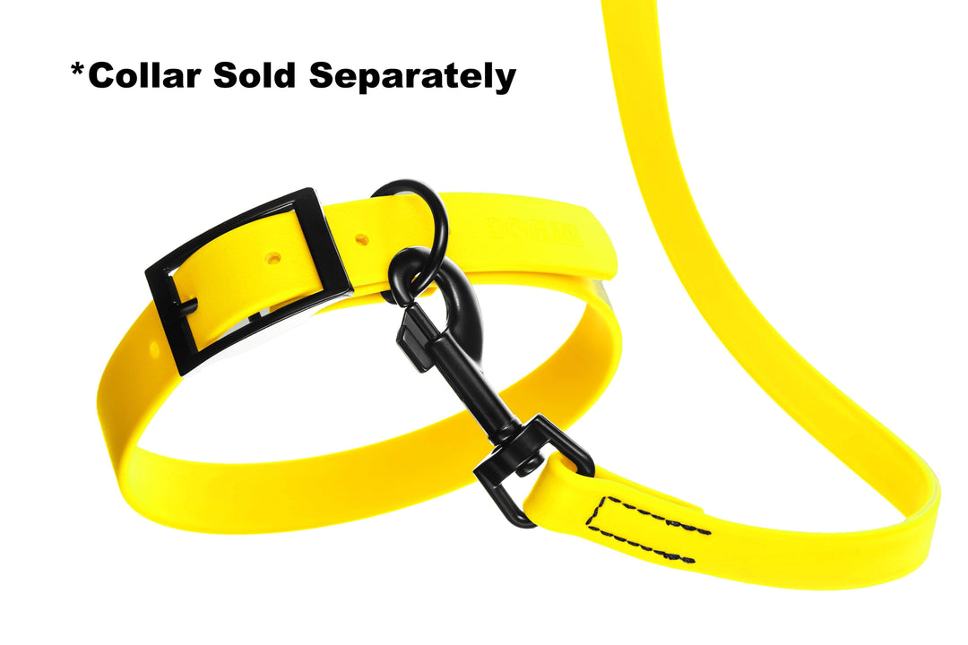 Yellow dog leash with black clip on a white background, indicating that the collar is sold separately.