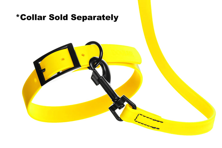 Yellow dog leash with black clip on a white background, indicating that the collar is sold separately.