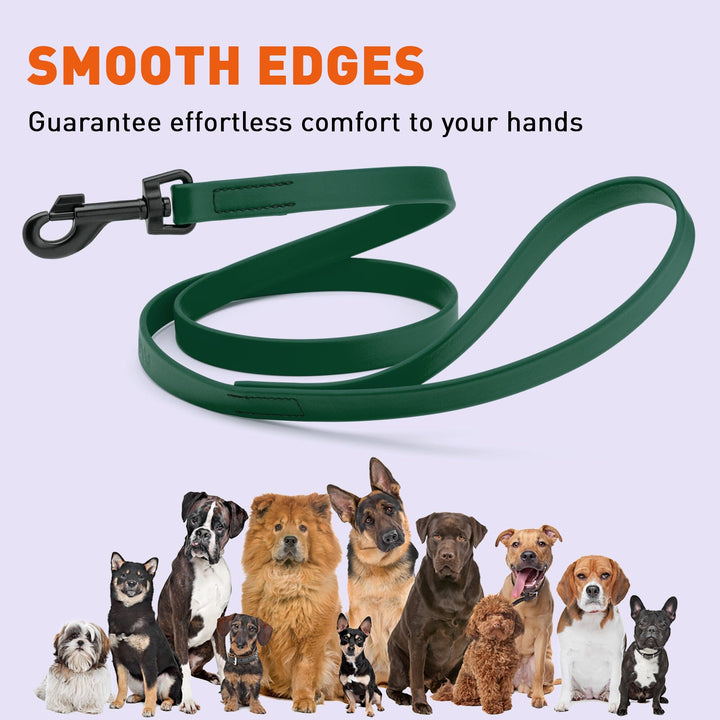 Green dog leash with smooth edges feature, surrounded by various dogs