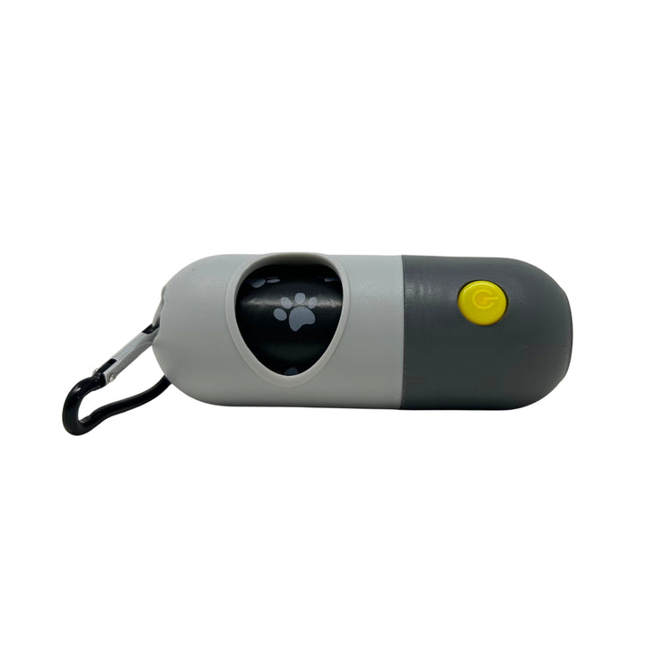 Poop bag dispenser for leash with flashlight