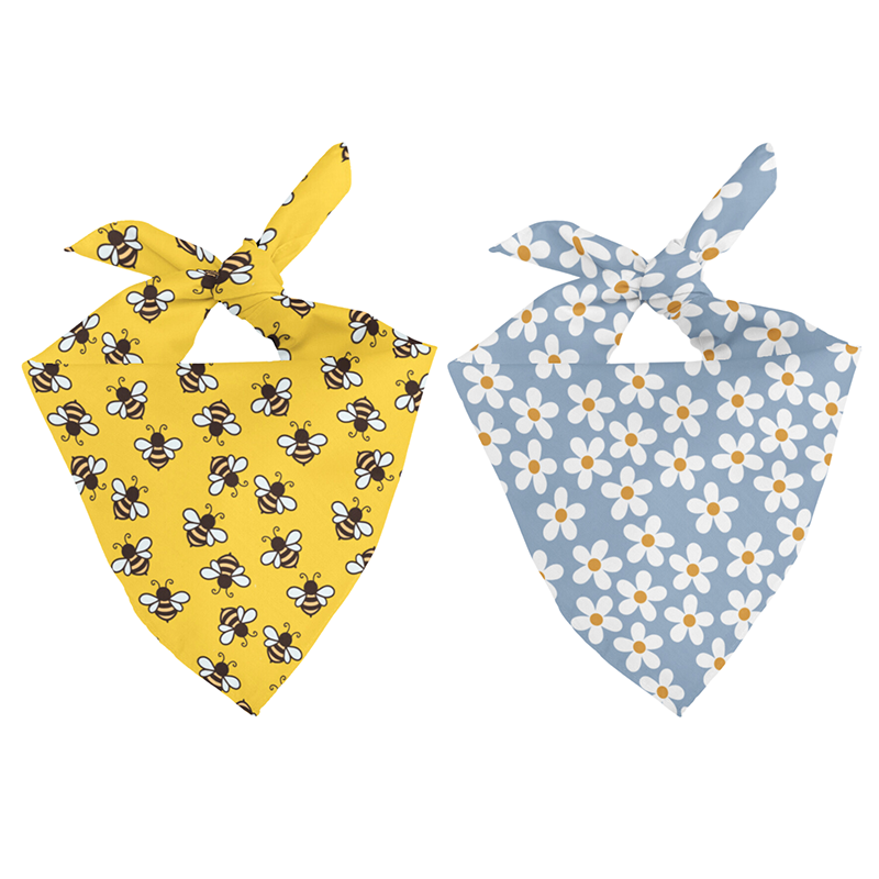 Two bandanas, one with bee pattern on yellow and one with daisy pattern on blue, on a white background.