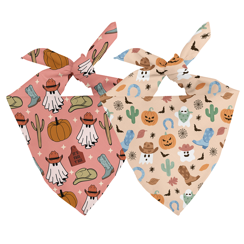 Two dog bandanas with Halloween-themed designs