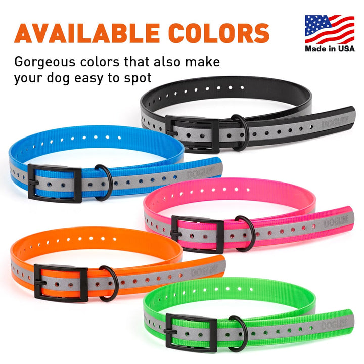 Set of colorful dog collars with reflective stripes, made in the USA.