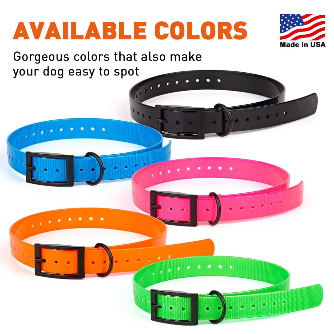 Colorful dog collars with black buckles on a white background, featuring text about available colors andMade in USA.