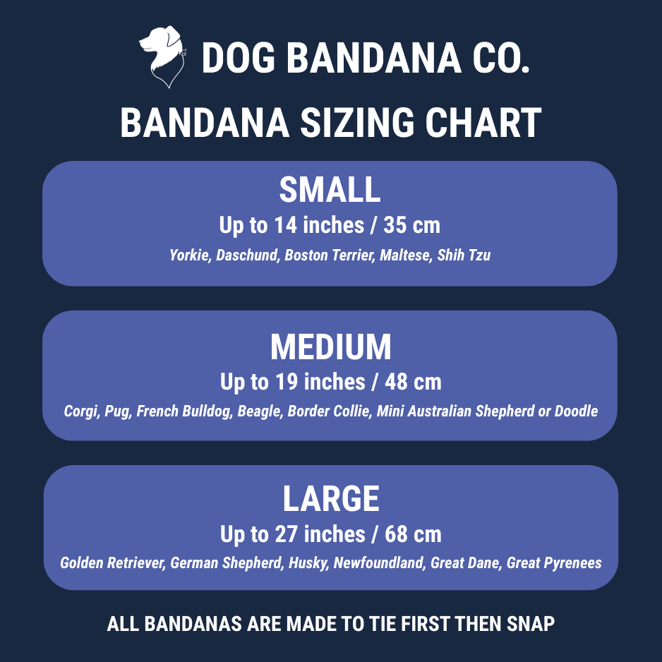 Dog bandana sizing chart by Dog Bandana Co. on a dark blue background