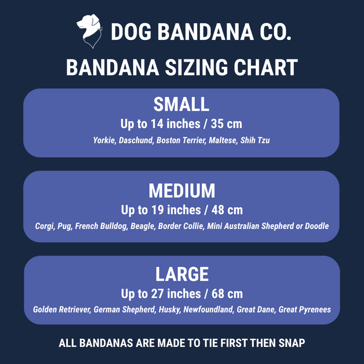 Dog bandana sizing chart by Dog Bandana Co. on a dark blue background