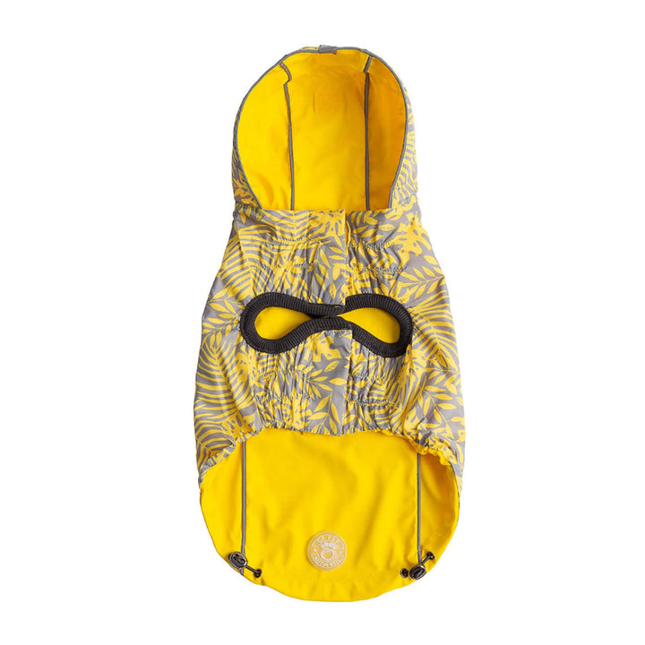 Yellow and gray patterned dog raincoat with a hood on a white background