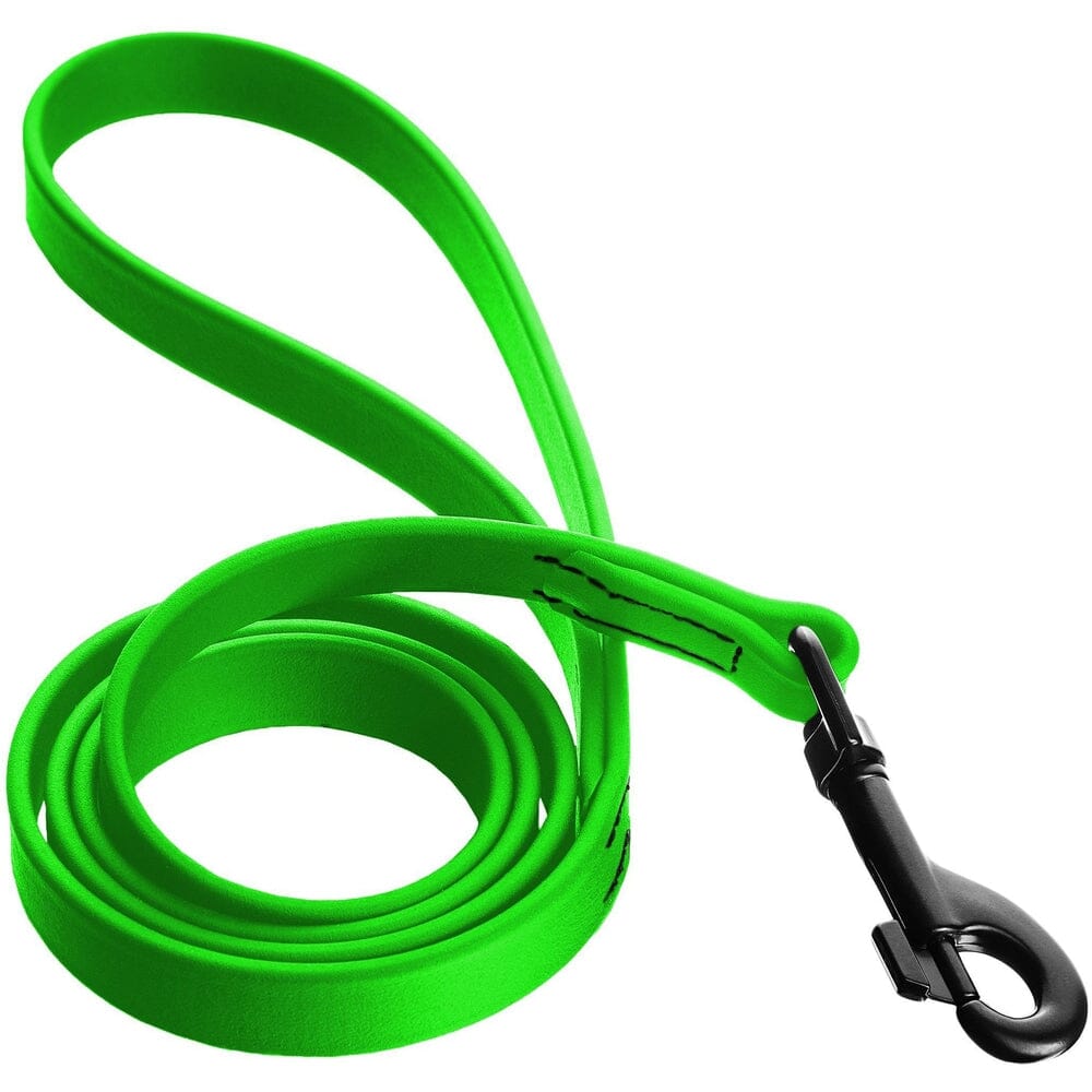 Neon green dog leash with a black clip on a white background