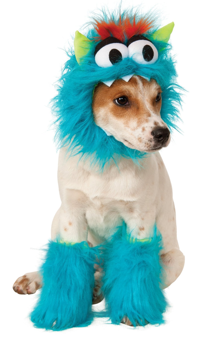 Dog wearing a blue monster costume with colorful hair on a white background