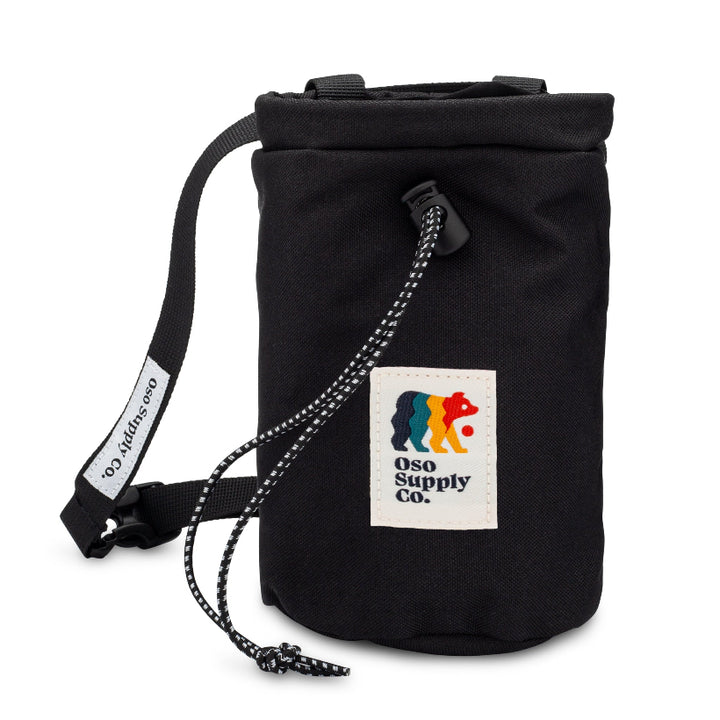 front of black dog treat pouch with secure closure to keep training treats fresh