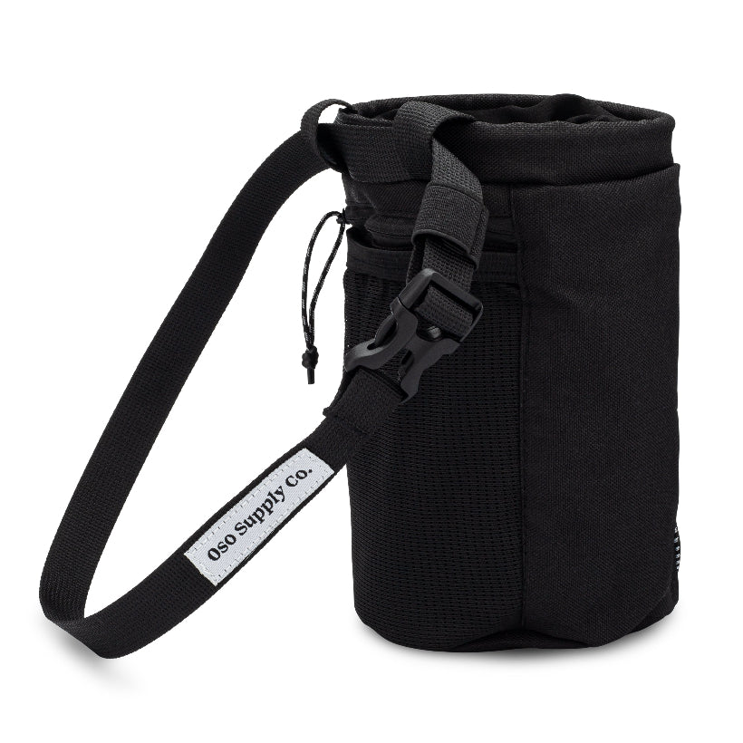 side of black dog treat pouch with waist strap for dog walks