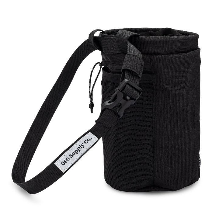 side of black dog treat pouch with waist strap for dog walks