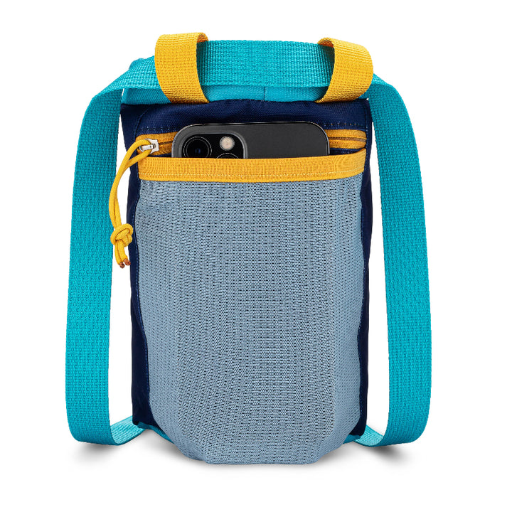 blue and yellow dog treat pouch for dog training with zippered pocket for car keys or phone or spare poop bags