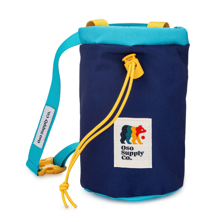 front of blue and yellow dog treat pouch with secure closure to keep training dog treats fresh