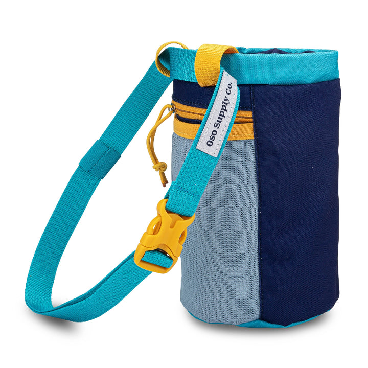 side of blue and yellow dog treat pouch with waist strap for dog walks on a white background