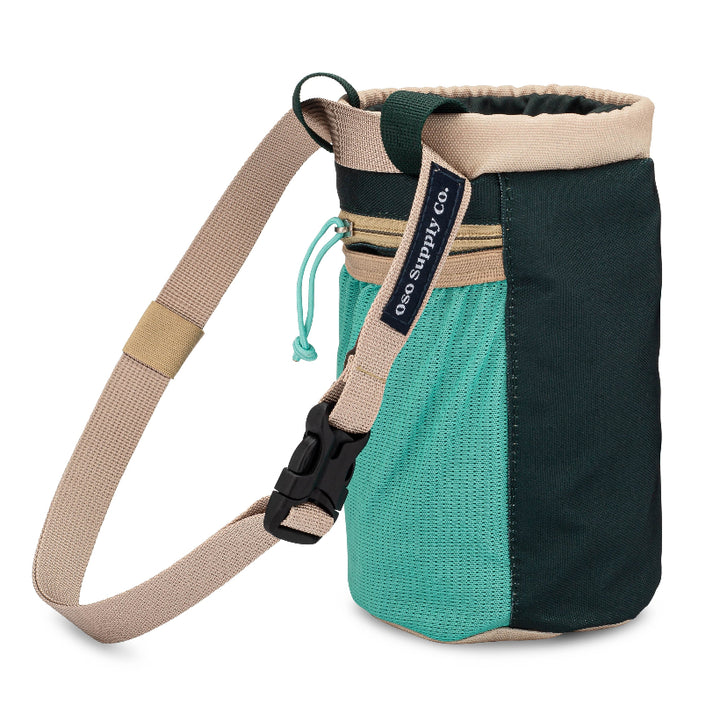 Dog treat pouch in cascade green with bright teal with waist strap and buckle