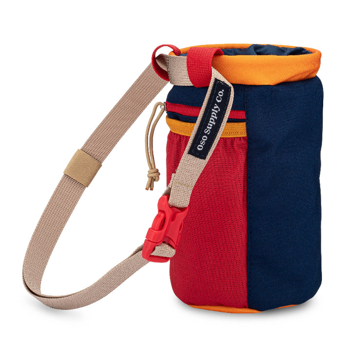 side of midnight blue dog treat pouch with waist strap for dog walks on a white background