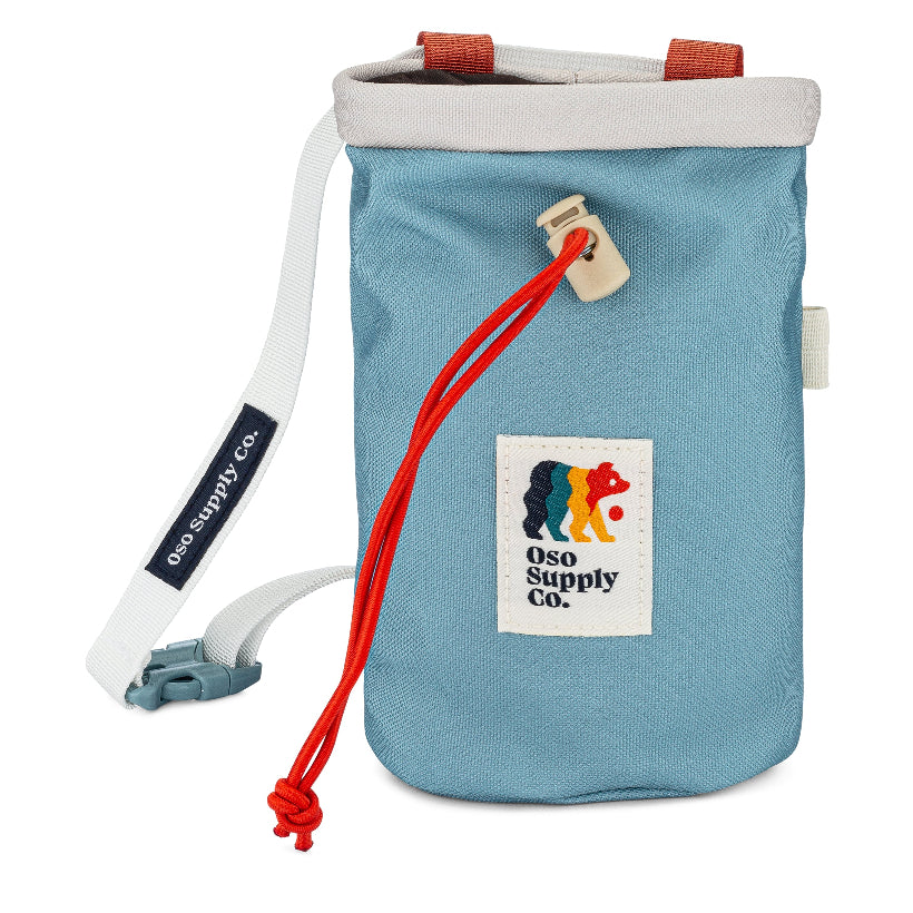 front of mineral blue dog treat pouch with secure closure to keep training dog treats fresh