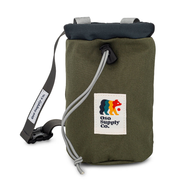 front of olive dog treat pouch with secure closure to keep training dog treats fresh