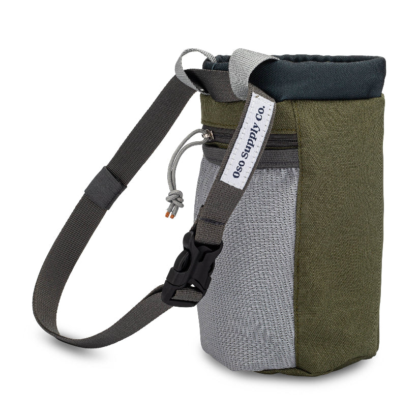side of olive dog treat pouch with waist strap for dog walks
