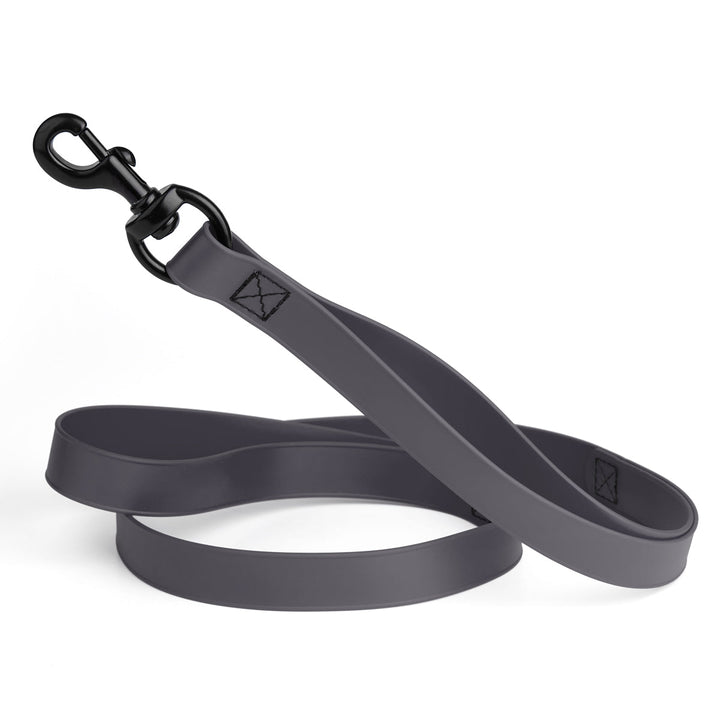 Gray dog leash with black clip on a white background