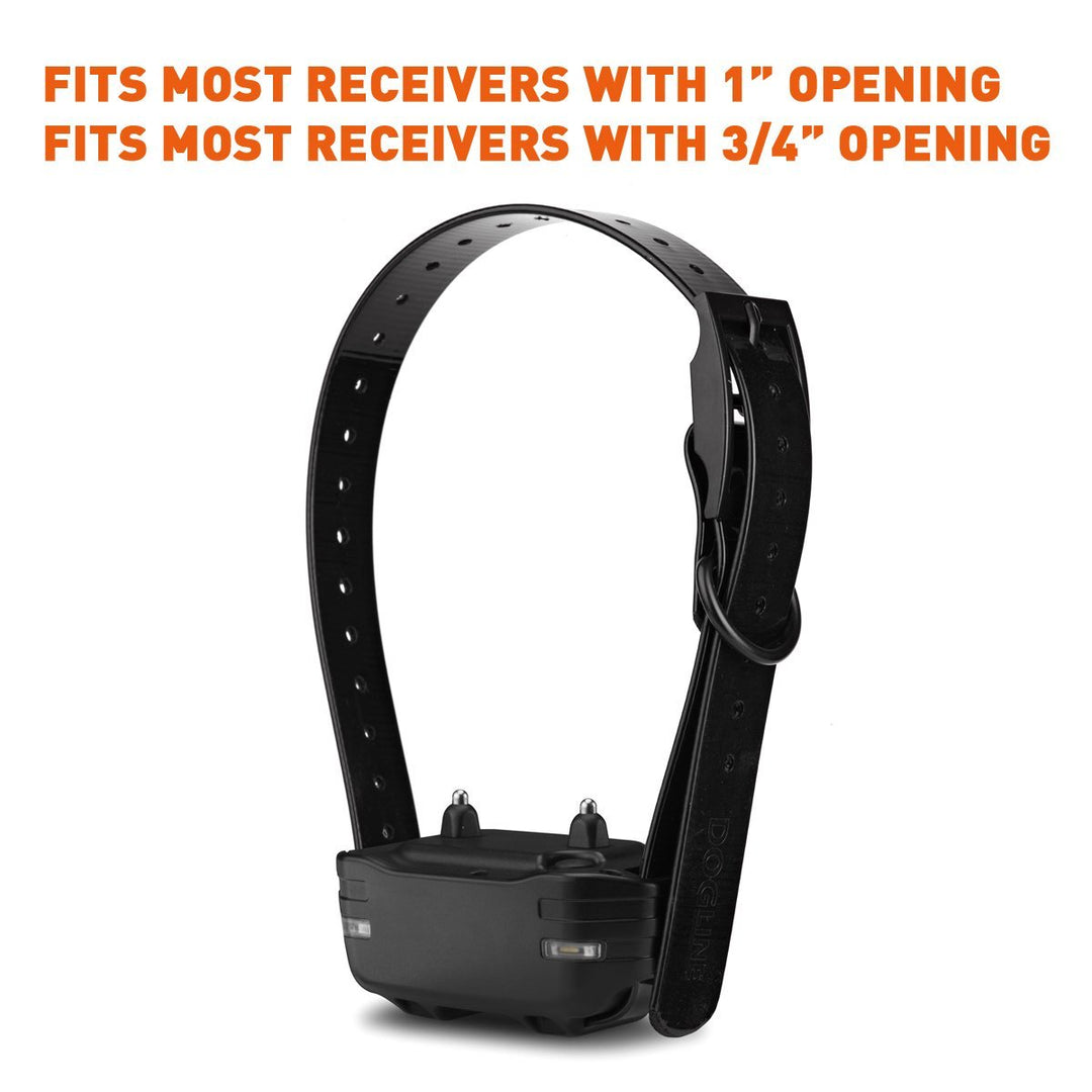 Black dog collar with text indicating compatibility